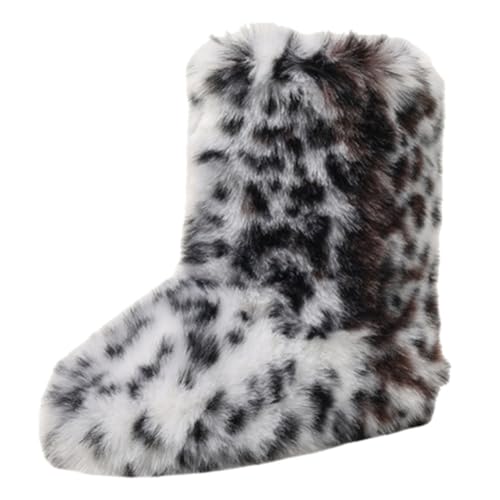Women's Faux Fur Boots Furry Fuzzy Fluffy Round Toe Suede Winter Snow Bootie Flat Shoes Puffy Warm Short Mid-Calf Boots for Outdoor Indoor Indoor