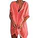 Sfit Strandkleid Damen Bikini Cover Up mit Rund Ausschnitt Kurzarm Beach Strandponcho Sommer Pareos Sommerkleid Damen Elegant Bademode Strand Vertuschen Shirt für Urlaub(Wassermelonenrot,5XL)