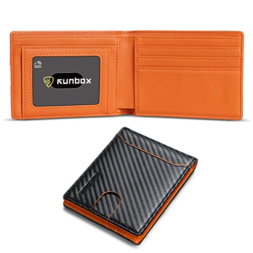 RUNBOX Slim Bifold Wallet for Men Leather Minimalist RFID Blocking with Gift Box Carbon Black and Orange Edge