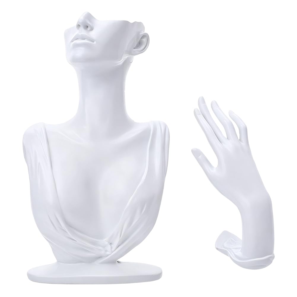 nbeads 1 ensemble Buste de Mannequin pour Collier, Présentoir à Boucles D'Oreilles Présentoir à Bijoux en Résine Blanche Comprenant un Buste de Femme un Support pour Bagues Bracelets et Pendentifs