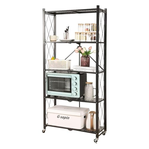 Image of BonKaso Foldable 5-Tier Kitchen Storage Rack | Heavy-Duty Metal Trolley Stand with Wheels | Movable & Multifunctional Shelf for Home, Office & Pantry | Load Capacity Upto 110kg (72x35x158 cm) - Black
