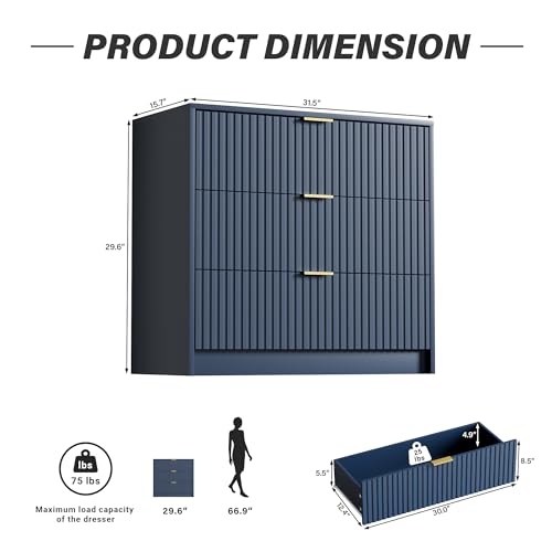 Image of Furniway Navy Blue Dresser Bedroom Set 3 Pieces, Nightstands Sets of 2, 8 Drawer Dresser with Gold Handles for Bedroom