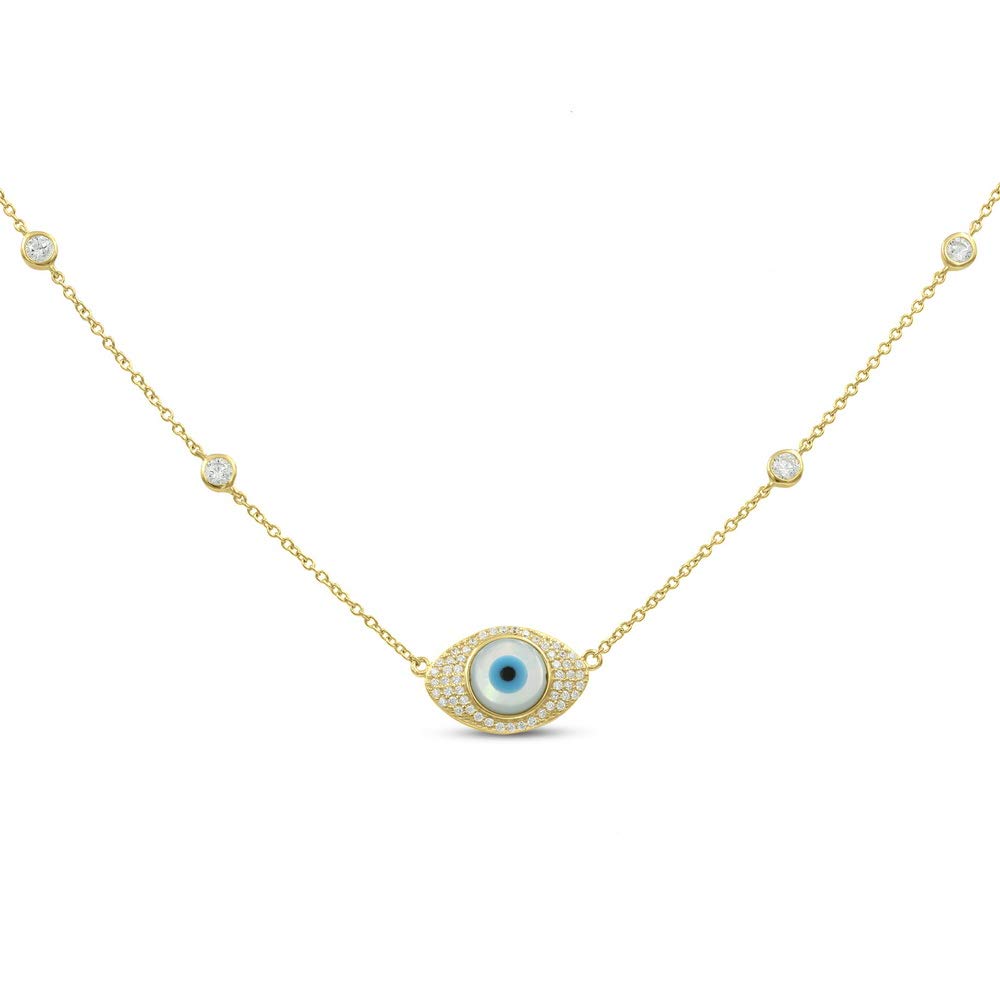 JR JOY & RACHEL 14k Gold Plated 925 Sterling Silver Round Cubic Zirconia Mother of pearlBlue Hamsa Evil Eye Pave Diamond by Yard Pendant Necklace, Adjustable Length 16,17,18 for Women