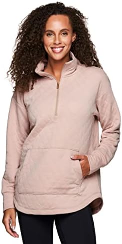 RBX Women's 1/4 Zip Neck Soft Quilted Sweatshirt With Pocket Qtr Zip Nude Buff S
