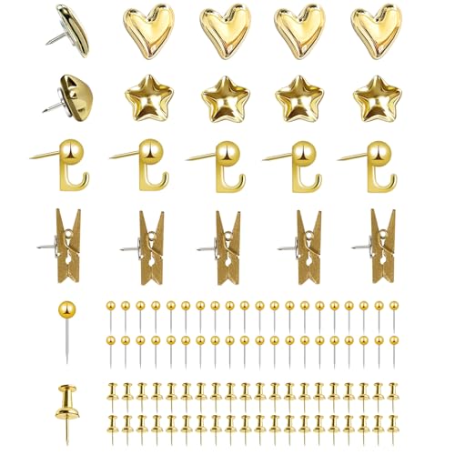 KEYDUACU 100 Pcs Gold Push Pins Set, Metal Thumb Tacks, Decorative Push Pins for Cork Board with Hook Clip, 6 Style Office Accessories for Map