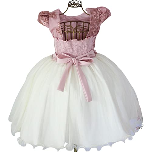 Vestido Infantil Juvenil Batizado Daminha Casamento Luxo E Tiara (8, Rosa Creme)