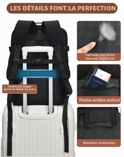 MOCOCITO Sac à Dos Voyage Cabine 40x30x20 cm (+5cm Extensible) - 20L Bagage à Main Avion pour Ryanair, EasyJet, Transavia - Sac Ordinateur Portable 15.6'' Léger pour Homme Femme - Noir – vue 7