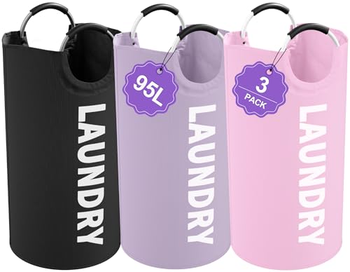 Image of 3Pack Folding Clothes Hamper with Handles, 95L Tall Laundry Basket Organizer, Durable Laundry Bags, Large Dirty Clothes Hamper for Family, Travelling, Camping, Purple + Pink + Black