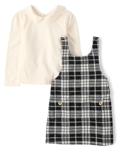 The Children's Place,Baby Girls,and Toddler Long Sleeve Top and Skirtall Dress Set,Black Plaid,4 Years
