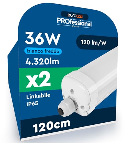2 Plafoniere LED Impermeabili 36W 120CM 4320 Lumen Waterproof IP65 - Luce Fredda 6500K - Tubo Plafoniera Lineare Fascio 120° per Box Garage Magazzino e Ufficio con Alta Luminosità 120 lm/W