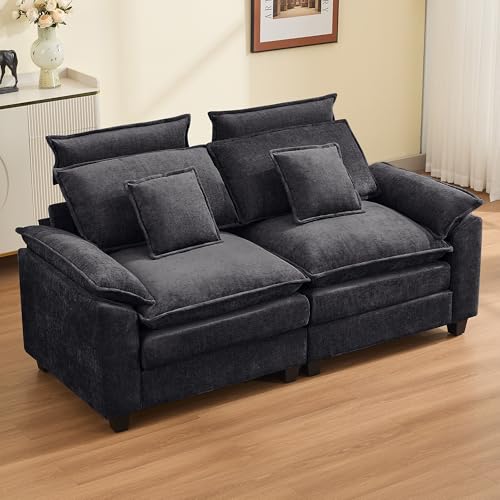 Image of 72'' Cloud Modern Loveseat Couch with Detachable Headrest, Modular Sectional Sofa Couch Deep Love Seat, Oversized 2 Seater Chenille Comfy Sofa with Armrests for Living Room, Dark Grey