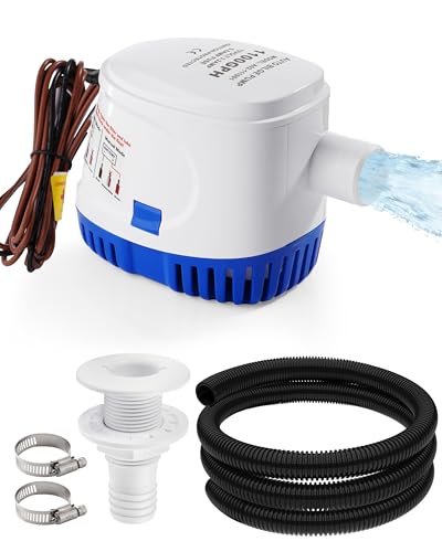 12V Automatic Boat Bilge Pump Kit 1100GPH DC Marine Pump w/Float Switch 1-1/8 Outlet Marine-Grade Hose & Thru-Hull Fitting Submersible Water Removal Pump for Fishing Boat Jet ski & Jon Boat