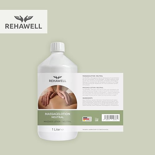 REHAWELL Massagelotion Neutral 1 L – duftfreie professionelle Massagelotion mit Avocadoöl & Vitamin E, vegan, ohne Parabene & Farbstoffe, Made in Germany – für Massageanwendungen