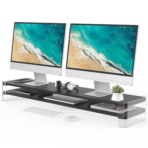 Image of Fenge Acrylic Monitor Riser, Clear Dual Monitor Stand with Whole Piece Shelf 109.4cm Large Desktop Stand for PC/Laptop/Fax/Printer/TV Screen, Black