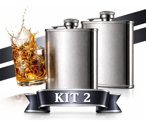 Kit 2 Cantil De Bolso Em Inox Porta Bebida Whisky Vodka 200ml Premium Prata Rum Gin Cachaça Vodca