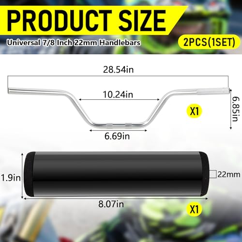 Image of 7 /8 inch 22mm Dirt Bike Handlebars with Foam Pad Atv Motorcycle Handlebars for Motocross Atv Dirt Bike Ebike(Silver)