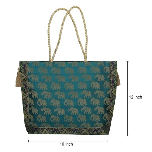 Image of Designer Ethnic Handmade Brocade Silk Tote Bag For Women's Shoulder Bag Shopping Bag For Girls 16 Inch