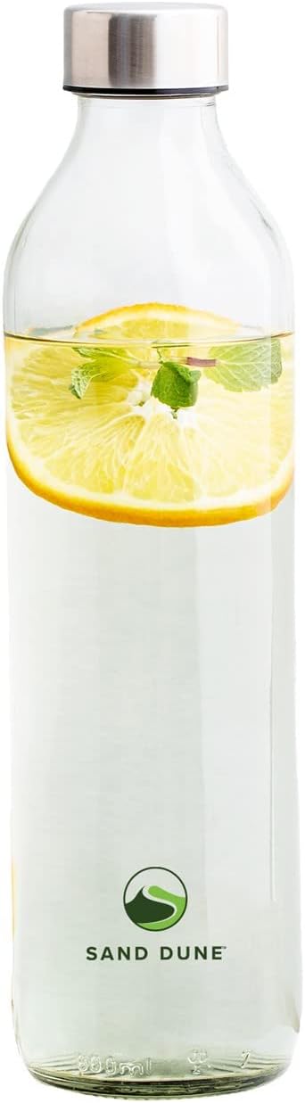 SAND DUNE Glass Water Bottle, 800 ml, with Leak-Proof Airtight Stainless-Steel Lid for Water, Smoothie, Juices - Reusable Travel Glass Drinking Fridge Bottle
