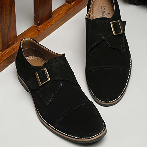 Image of LOUIS STITCH Men's Midnight Black Italian Suede Leather Loafers Casual Single Monk Penny Shoes for Men (Prague-SUSM) - 7 UK