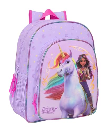 Unicorn Academy Schulrucksack für Kinder, anpassbar an den Kinderwagen, ideal für Kinder im Schulalter, bequem und vielseitig, Qualität und Widerstandsfähigkeit, 32 x 12 x 38 cm, Lila, M, Casual