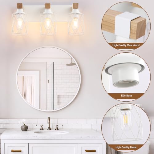 Image of Farmhouse 3-Light Wood Bathroom Vanity Light, White Metal Cage Shade | Mounted Over Mirror, Industrial Rustic Style, Ideal for Bathroom, Bedroom, Hallway & Living Room, Easy To Install