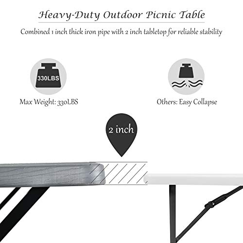 Giantex Picnic Table Bench Set Outdoor Camping All Weather Metal Base Wood-Like Texture Backyard Poolside Dining Party Garden Patio Lawn Deck Furniture Large Camping Picnic Tables for Adult (Gray)