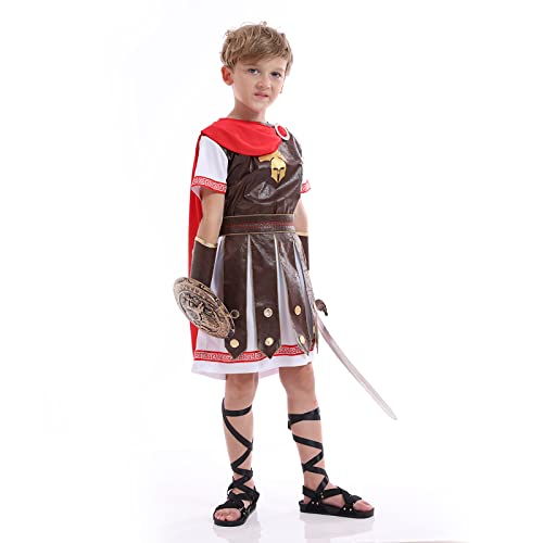 Roman Gladiator Costume Kids，Spartan Warriors Costumes For Child，Fearless Soldier Helmet With Red Cape Outfit Boys，Khaki(M) #TOP3