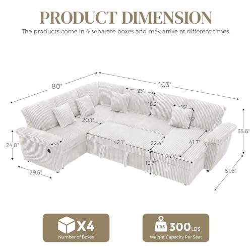 Image of Sectional Sleeper Sofa with Pull Out Bed and Storage Chaise, Fluffy Soft Corduroy Fabric, Modern Comfy U Shaped Couch with USB Charger for Living Room Apartment Small Spaces, Beige White