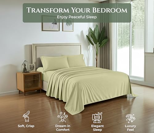 Image of ROYALE LINENS 100% Organic Cotton Twin Sheet Set - 16 inch Deep Pocket Bed Sheets - Sage Green Bed Sheets - Sabanas Twin - 1 Flat, 1 Fitted & 1 Pillowcase - Sage Green Sheet Set - Cotton Bedding Sets
