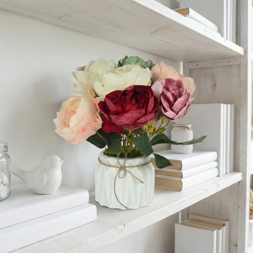 Image of Dekorly Artificial Lavender Plant in White Pot, 18cm - Realistic Faux Flower Arrangement for Home & Office Decor (Set of 1) (1, Peony)
