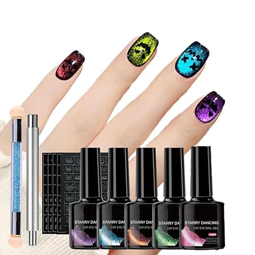 Tendencia de las uñas establecida para la fiesta de fantasmas,Esmalte de gel de ojos de gato magnético con pegatinas huecas espeluznantes,Efecto de camaleón Kit de manicura para principiantes (1 Set)