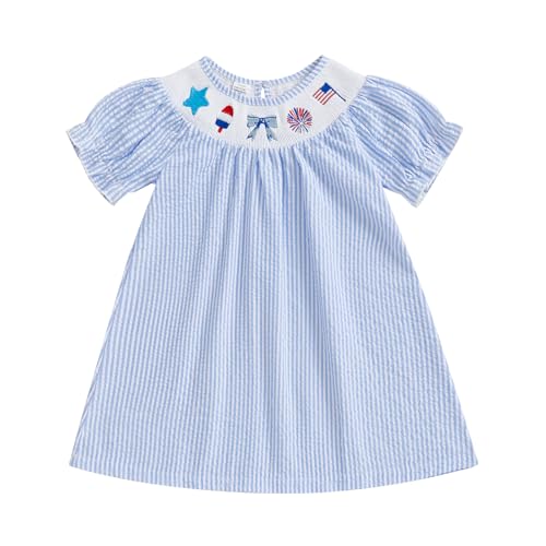 Adobabirl Toddler Baby Girl 4th of July Smocked Dress Puff Sleeve American Flag Embroidery Striped Dresses for Girls (Blue, 4-5 Years)