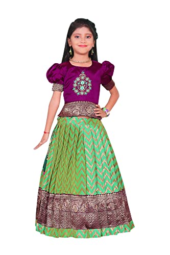 Image of FELIZ THE DESIGNER STUDIO Girl's Readymade Traditional Pattu Pavadai Lehenga Choli Kids( Purple-Pista 9-10 Years )