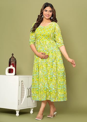 Image of Maternity Feeding Kurti for Women | Cotton Blend Anarkali Dress with Nursing Zip for Pre & Post Pregnancy