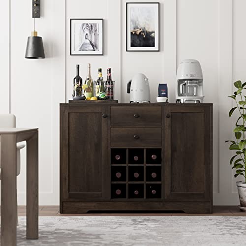 Hostack Coffee Bar Cabinet, Modern Farmhouse Buffet Sideboard Cabinet With Storage Drawers And Shelves, Liquor Cabinet With Removable Wine Rack For Kitchen, Dining Room, Living Room, Dark Brown #TOP3