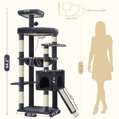 Image of Heybly 64.2 inch Heavy-Duty Cat Tree for Large Cats with Wide Base HCT027G | Indoor Cat Tower with Scratching Posts & Board, Cat Furniture with Big Platforms, Extra-Large Hammock, Smoky Gray