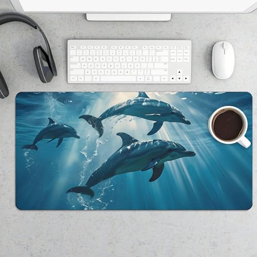 Image of Dolphin Animal Ocean Extended Gaming Mouse Pad, with Stitched Edges Large Mouse Pad Desk Protector, Rubber Base Mousepad Keyboard Mouses Mat for Work Game Office Home 32 inchX16 inch,E316