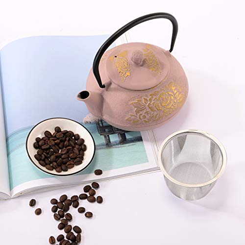 Ouxinchi Cast Iron Teapot Japanese Style Stovetop Safe Cast Iron Tea Kettle Coated With Enameled Interior, Stainless Steel Infuser For Coffee,Tea Bags,Loose Tea,Floral Pattern(Pink, Peony) #TOP6