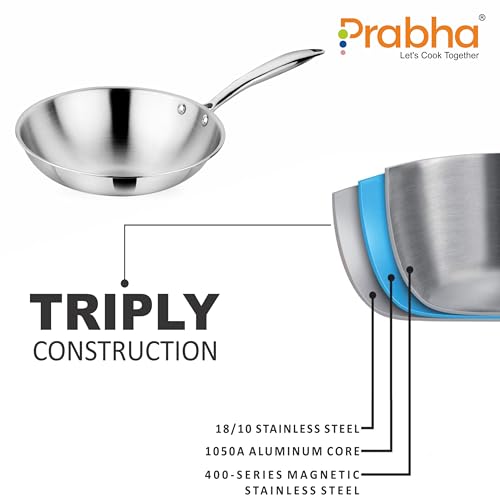 Image of Prabha Stainless Steel Fry Pan Without Lid, Kitchen Fry Pan, Tri-Ply Layer, 16cm, 0.65L Capacity, Induction and Gas Stove Suitable