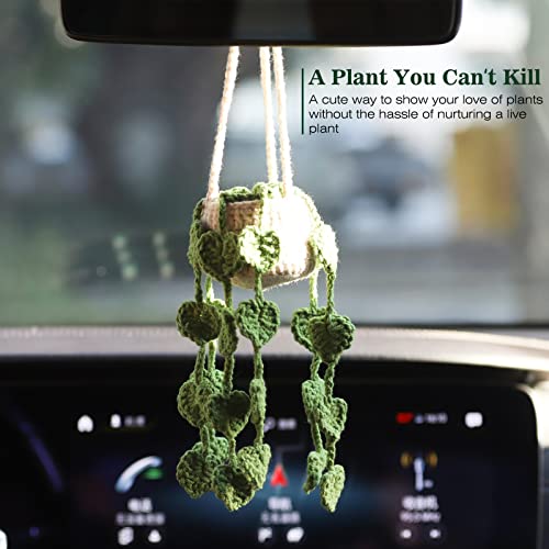 Cute Crochet Plant Car Mirror Hanging Accessories,Boho Handmade Rear View Mirror Accessories For Women,Green Car Interior Aesthetic Decor Truck Hanger Ornament Charm For Men #TOP1
