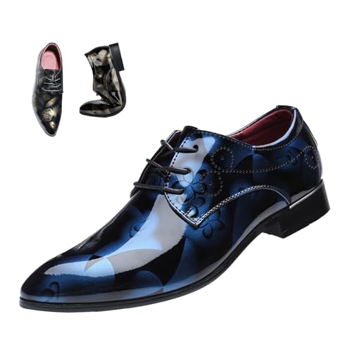 Men's Pointed Toe Patent Leather Tuxedo Dress Shoes,Fashion Print Floral Lace Up Derby Business Oxford Wedding Shoes