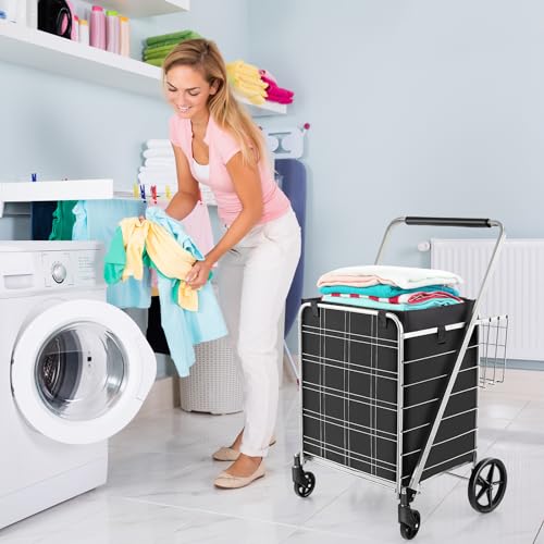 Robuster faltbarer Einkaufswagen mit Rädern, Metall-Einkaufswagen, extra Korb, Schaumstoffgriff, Mehrzweck-Schiebe/Ziehwagen für Wäsche, Supermarkt, Reisen – Schwarz/Silber