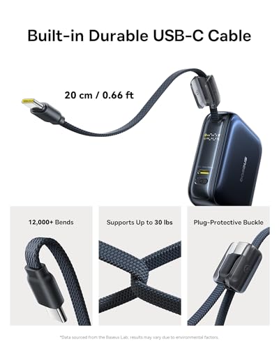 Image of Baseus PicoGo AC22 Mini Power Bank, 10000mAh 45W PD Portable Charger Built-in USB-C Cable, Ultra Small Sized Battery Pack, Fast Charging Battery Bank for iPhone 17 /16 /15 Samsung S25 /S24 Pixel 10 iPad
