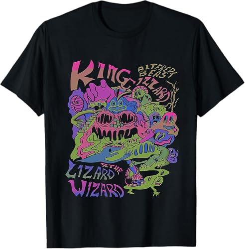 Mens King Gizzard and The Lizard Wizard Graphic T-Shirt - Black Short Sleeve Cotton Tee with Vibrant Artwork (Medium)