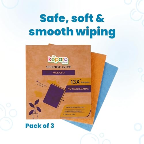 Image of Koparo Natural Cellulose Sponge Wipes for Kitchen and Home Cleaning | Pack of 3 | Reusable & Biodegradable Kitchen Cleaning Wipes | Lint-Free | 13X Absorption | XL Size Wipes
