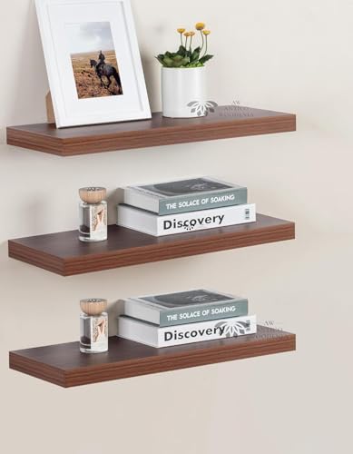 Image of Aries Wooden Floating Wall Shelf| Wall Rack Shelf | Wall Mount for Living Room, Bedroom, Kitchen (Set of 3, Walnut Finish, XX-Large (24inches))