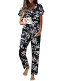 Ekouaer Pajama Sets Womens Short Sleeve Sleepwear Long Pants Pjs 2 Piece Lounge Set Soft Nightwear Black Floral,Large