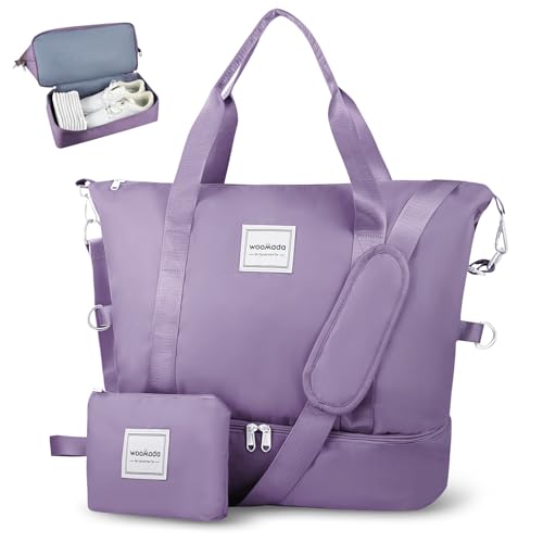 WOOMADA Weekender Bag for Women, Travel Duffel Bags with Shoe Compartment & Wet Pocket, Personal Item Bag for Airlines, Overnight Bag with Toiletry Bag, Sport Gym Tote Bag(grayish purple)