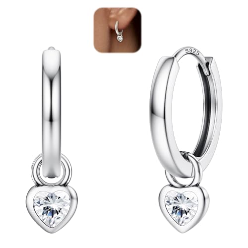 LOLIAS Silver Hoop Earrings Women with Heart Dangle Drop Lightweight 925 Sterling Silver Huggie Hoops with Removable CZ Heart Hypoallergenic Sleeper Earrings for Women Girls SIWT