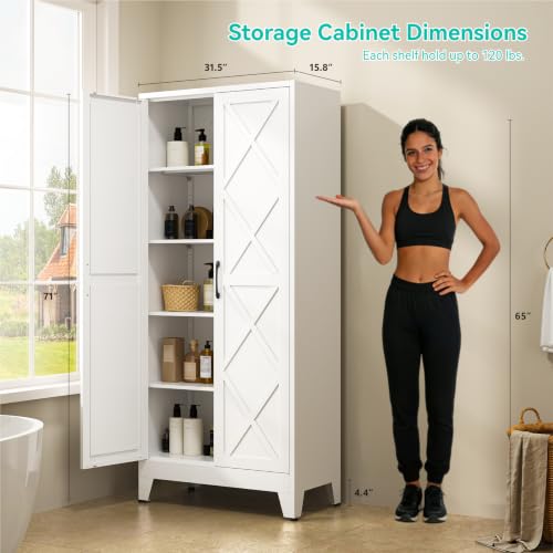 Image of Metal Storage Cabinet with Doors and Adjustable Shelves | 71 inch Tall Pantry Cabinet for Kitchen Dining Room Bathroom Garage,White,1 Pce
